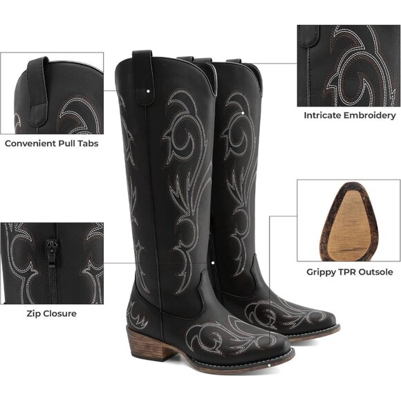 Womens Faux Leather Black Knee High Chunky Heel Side Zipper Embroidered Boots - Picture 2 of 7